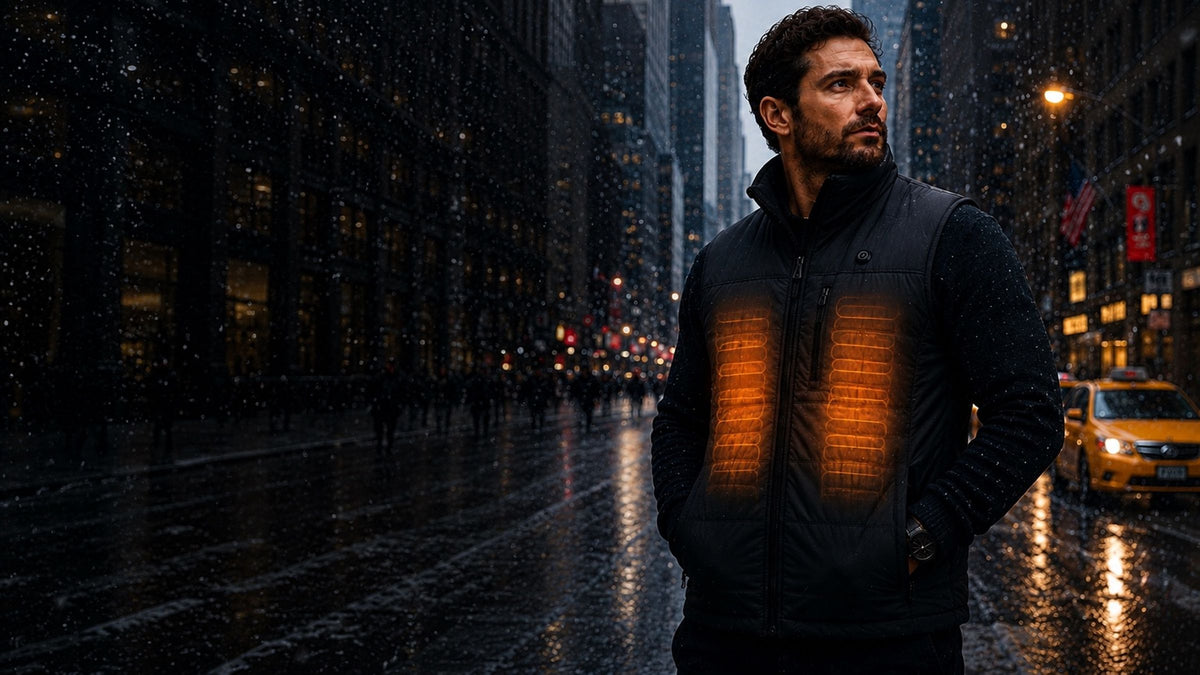 Man wearing the ARCTREN heated vest on a snowy city street